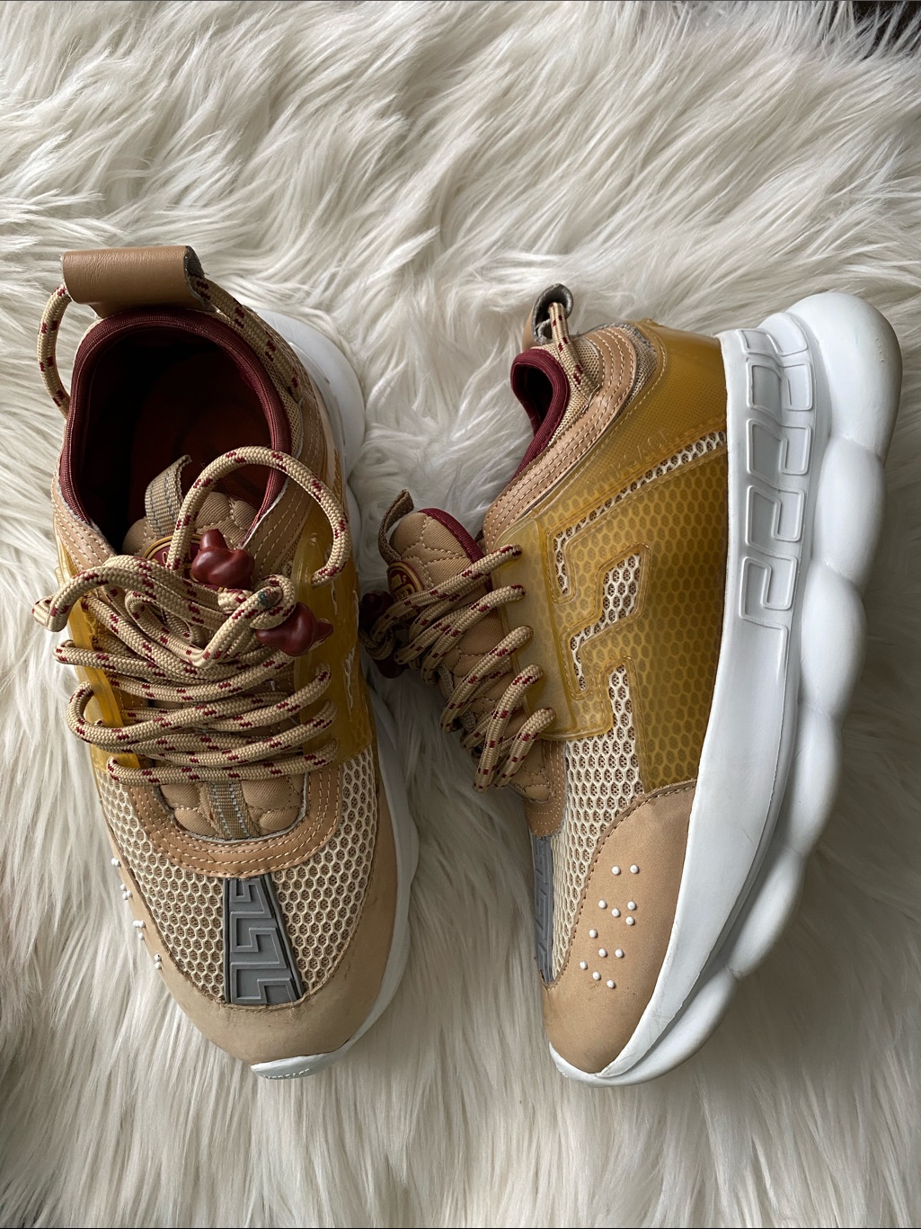 Versace Chain Reaction Chunky Sneakers In Mustard + Tan